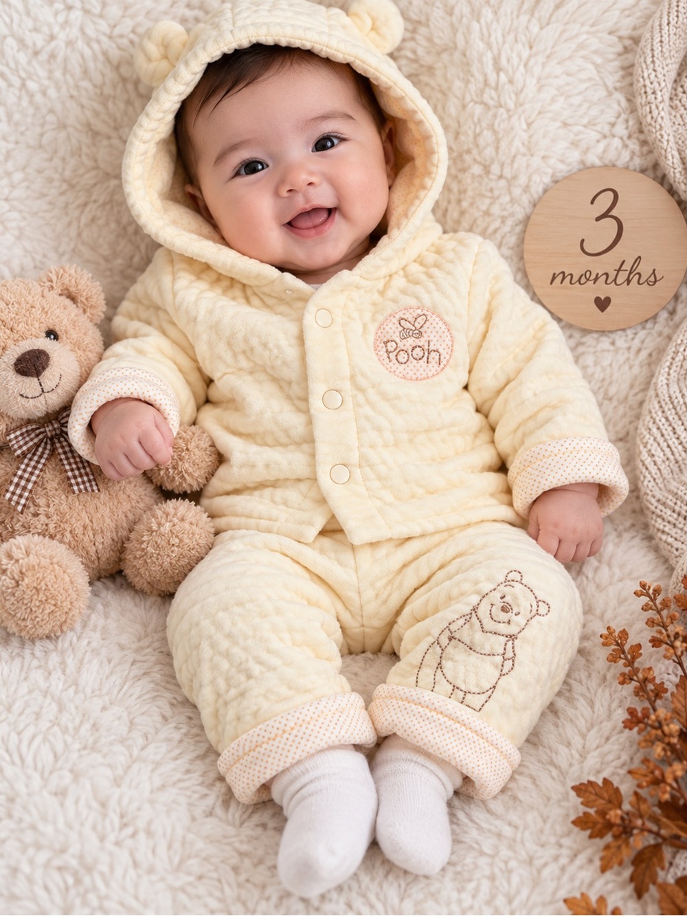 Disney Cream Quilted Hooded Baby One-Piece Set with Pooh Embroidery